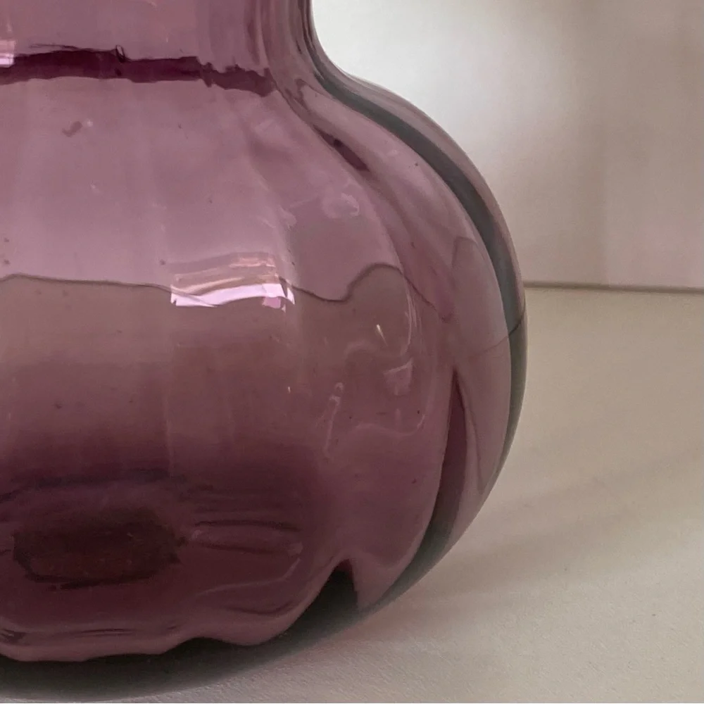 Purple Amethyst Glass Vase Hand Blown Ruffled Top Round Ribbed Bottom Vintage
